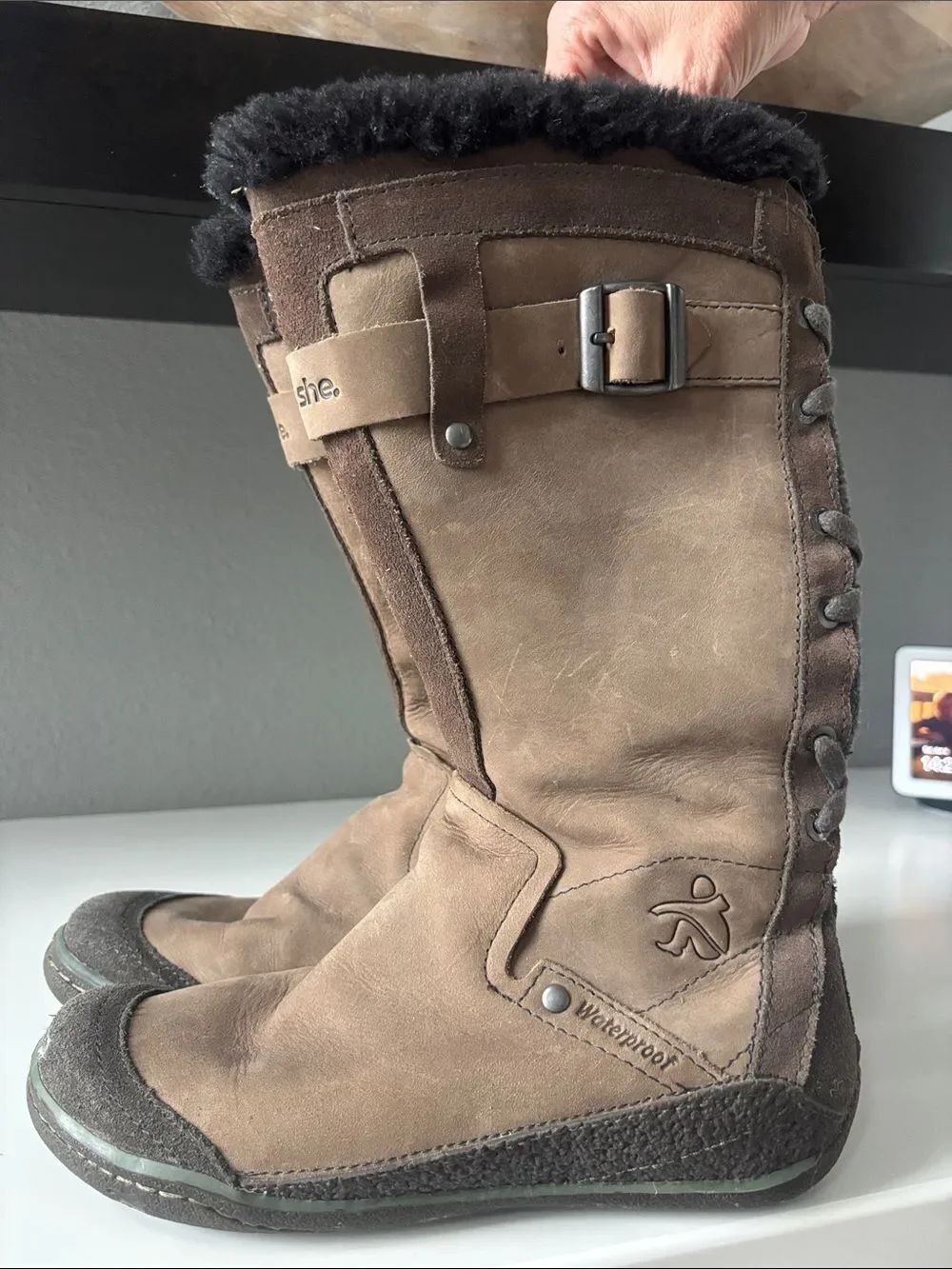 cushe Brown Waterproof Winter Boots with Black Faux Fur Collar